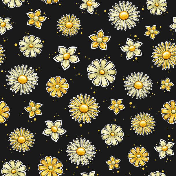 Vector Holiday Flowers Naadloos patroon, vierkante herhalen achtergrond met set van uitgesneden illustraties gele bleke petunia bloem en lente mars madeliefje, decoratieve variëteit bloemen op donkere achtergrond - Vector, afbeelding