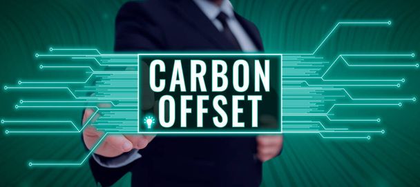 Tekstiteksti esittää Carbon Offset, Liikeidea Hiilidioksidi- tai muiden kaasupäästöjen vähentäminen - Valokuva, kuva