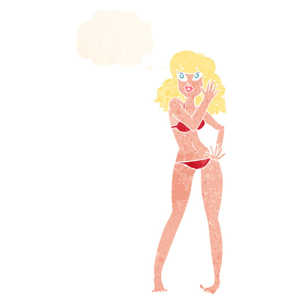 cartoon mooie vrouw in bikini met gedachte zeepbel - Vector, afbeelding