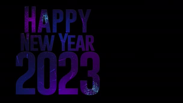Neujahrsgrußkarte 2023. Gruppe blauer, lila, magentafarbener und weißer Feuerwerkskörper, die in Buchstaben vor schwarzem Hintergrund mit Kopierraum explodieren. Schleifenfolge. 3D-Animation - Filmmaterial, Video