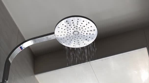 Folyó víz áramlik egy nagy kerek zuhanyfej a fürdőszobában, alsó nézet közelkép lassú mozdulat.Zuhanyzó koncepció. - Felvétel, videó