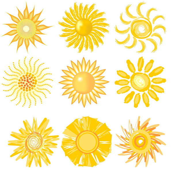 eine Reihe von niedlichen Sonnenbildern in verschiedenen Vektortechniken - Vektor, Bild