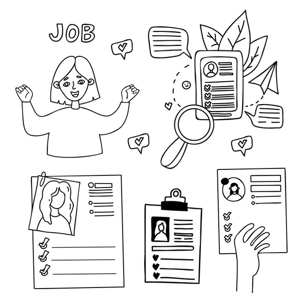 Business and job. Happy joyful girl. Reviewing resumes, questionnaires. Hand holds document of female applicant for vacancy. Collection vector outline drawing. isolated doodle for business design - Vector, Image
