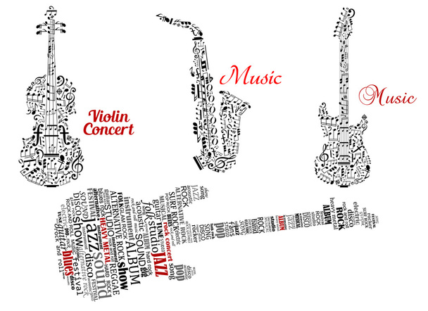 Guitar, violin and saxophone with notes or tag clouds - Vector, Image