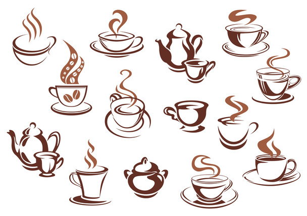 Vintage brown coffee cups and pots - Vector, Image
