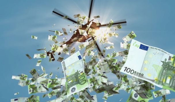 Spadek pieniędzy z helikoptera banknotów euro. Unia Europejska 100 EUR zauważa abstrakcyjną koncepcję 3d inflacji, drukowania pieniędzy, finansów, gospodarki, kryzysu i luzowania ilościowego. - Zdjęcie, obraz