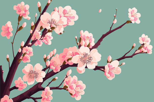 tak kers bloeiende bloem boom, Sakura japan lente bloemen achtergrond in vector platte kleur illustratie - Vector, afbeelding
