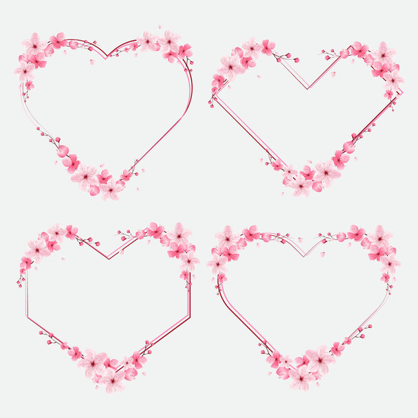 cseresznyevirág szegély, sablonvirág, szív forma, sakura vektor illusztráció - Vektor, kép
