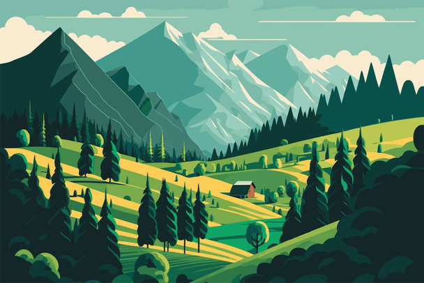 Ορεινό πράσινο πεδίο αλπικό τοπίο φύση με ξύλινα σπίτια εικονογράφηση σε διάνυσμα επίπεδη χρώμα στυλ εικονογράφηση - Διάνυσμα, εικόνα