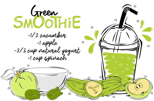 Ricetta frullato verde con illustrazione degli ingredienti. Manifesto di cibo sano - Vettoriali, immagini