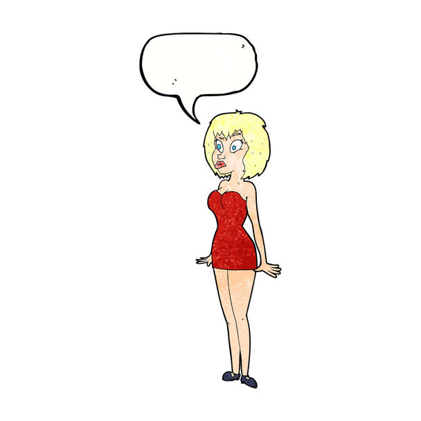 καρτούν έκπληξη γυναίκα σε σύντομο φόρεμα με φούσκα ομιλία - Διάνυσμα, εικόνα
