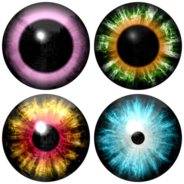 İzole edilmiş insan ve hayvan gözleri. Çizgili renkli iris ile büyük göz ve koyu renkli retina ile koyu ince göz bebeği..  - Fotoğraf, Görsel