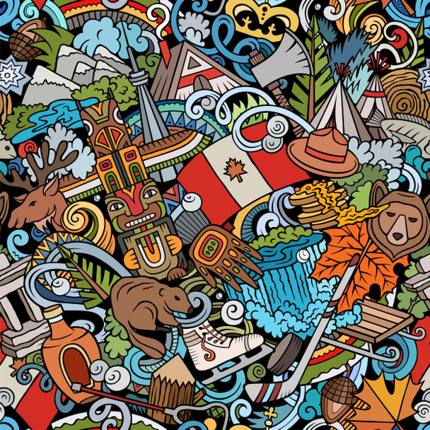 Cartoon Doodles Kanada nahtlose Muster. Hintergrund mit lokalen Symbolen und Gegenständen der kanadischen Kultur. Bunter Hintergrund für Druck auf Stoff, Textilien, Grußkarten, Schals, Tapeten - Foto, Bild