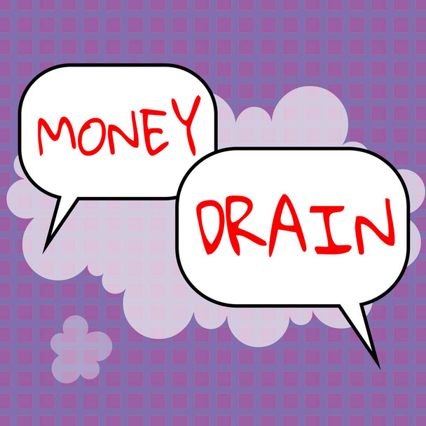 Textschild mit Geldabfluss, Geschäftskonzept Geld verschwenden oder verschwenden Geld dumm oder fahrlässig ausgeben - Foto, Bild