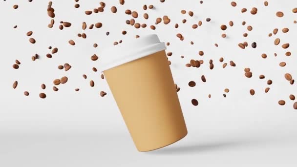 Paper coffee cup white lid falling beans 3D animation. Coffee shop discount demonstration delivery Hot drinks sale banner. Merchandise promo design.Blank disposable cup template flying roasted arabica - Filmagem, Vídeo