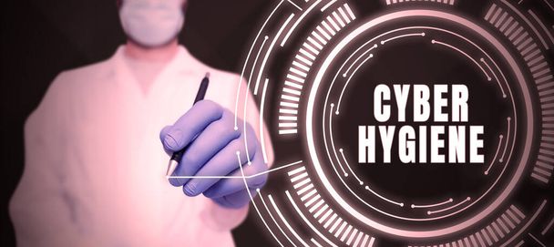 Konceptuální displej Kybernetická hygiena, Slovo napsané na krocích, které uživatelé počítačů podniknou ke zlepšení své kybernetické bezpečnosti - Fotografie, Obrázek