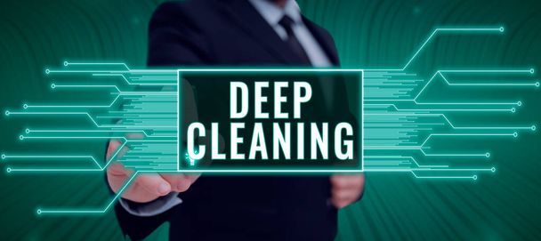 Sign kijelző Deep Cleaning, Üzleti áttekintés cselekménye alaposan eltávolítja a szennyeződést és szennyeződést valamiből - Fotó, kép