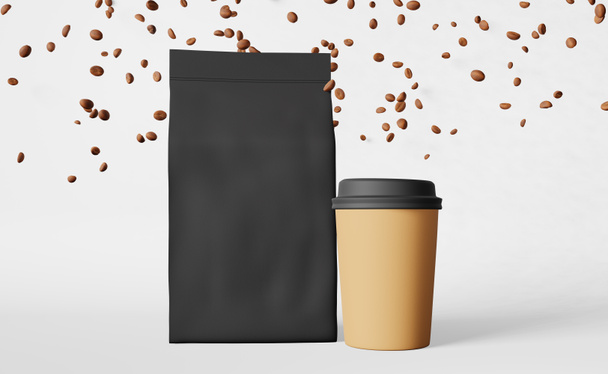 Сумка бумажный кофе чашку летающие Арабика бобы 3D рендеринга. Демонстрация скидок в кофейне Уберите баннер продажи продуктов питания Макет упаковки товаров макет промо-дизайн пустой черный пакет шаблон - Фото, изображение
