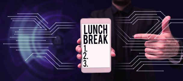Εννοιολογική απεικόνιση Διάλειμμα για μεσημεριανό γεύμα, Έννοια σημαίνει χρόνος όταν ένα άτομο σταματά να εργάζεται ή να σπουδάζει για να γευματίσει - Φωτογραφία, εικόνα