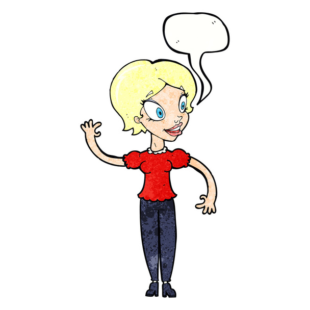 cartoon woman waving with speech bubble - Vektör, Görsel