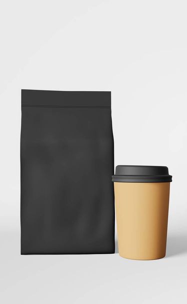 Black pouch bag paper coffee cup mockup 3D rendering. Coffee beans tea shop discount demonstration. Take away food delivery sale banner. Merchandise packaging promo design Blank product pack template. - Photo, Image