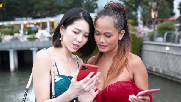 Pari aasialaista tyttöä katselee jotain älypuhelimella.. - Materiaali, video