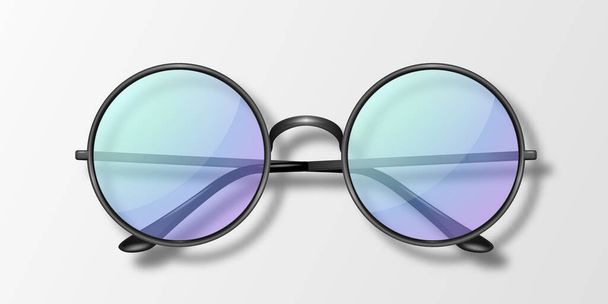 Vector 3d Realistic Round Frame Glasses Icon Isolated. Black Frame. Transparent Purple Sunglasses for Women and Men, Accessory. Optics, Lens, Vintage, Trendy Glasses. Top View. - Διάνυσμα, εικόνα