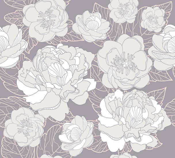 Seamless floral pattern. Background with peonies and cherry blossom flowers - Vector, Image