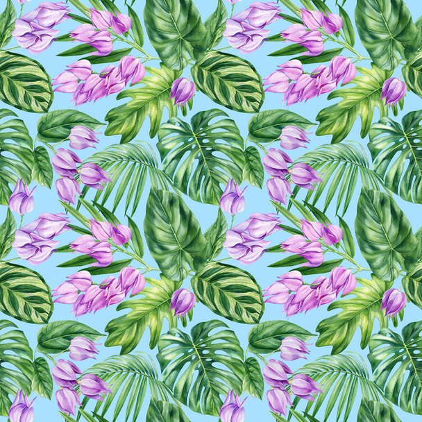 Palm leaves, violet flowers, tropical background, watercolor botanical painting. Seamless pattern, jungle wallpaper. High quality illustration - Photo, Image