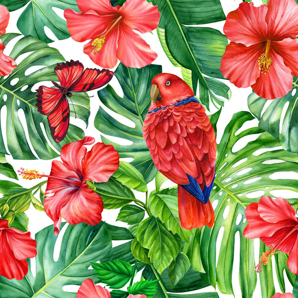 Tropische palmbladeren, bloemen, vlinder en vogels. Aquarel met de hand geschilderd. Bloemen naadloos patroon. Jungle ontwerp. Hoge kwaliteit illustratie - Foto, afbeelding