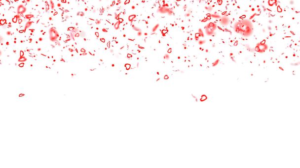 Cae confeti rojo aislado sobre fondo blanco. Decoración de San Valentín. Pequeños corazones. Símbolo de amor. Frontera superior. Renderizado 3D - Foto, imagen