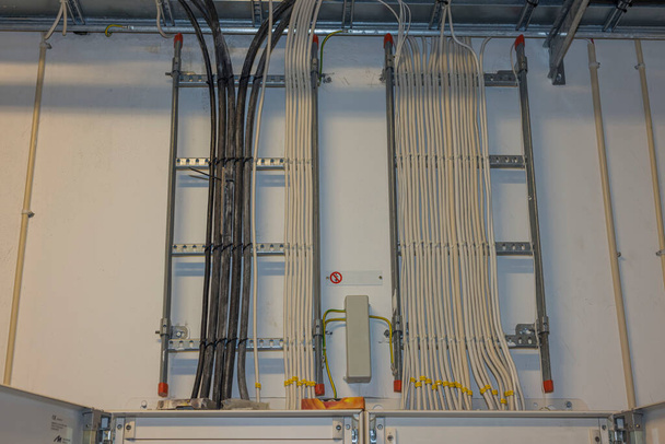 Close-up interior view of organized cable store mounted on wall. Sweden.  - Photo, Image