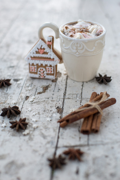 Taza de cacao con malvaviscos y galletas de jengibre sueño de invierno
 - Foto, imagen