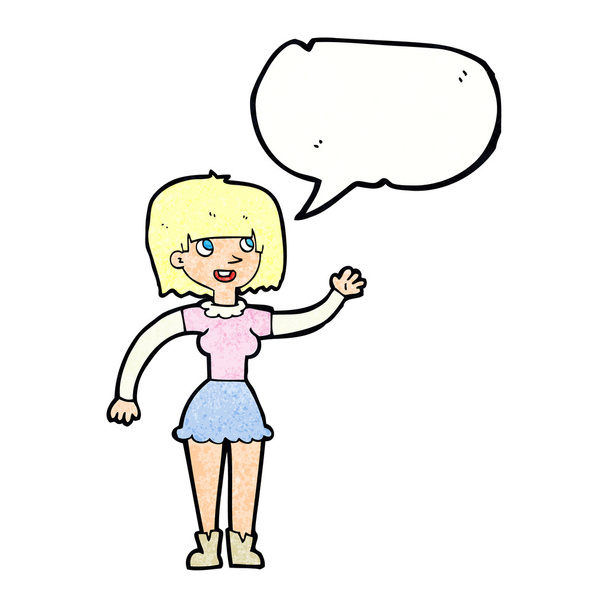 cartoon girl waving with speech bubble - Vector, imagen