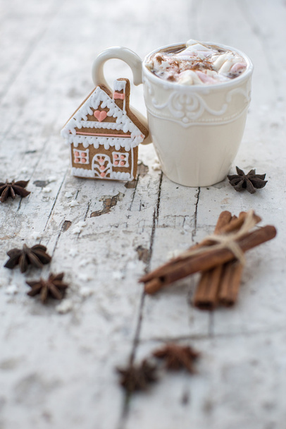 Kubek kakao z pianki i imbir ciasteczko zimowy sen - Zdjęcie, obraz