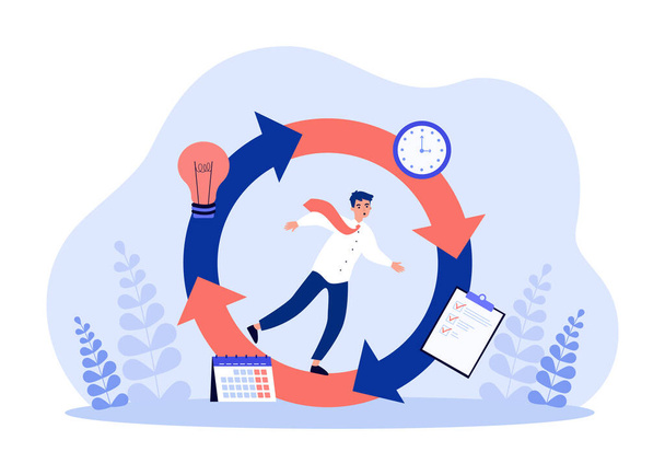 Busy businessman running in cycle of work tasks. Unstoppable working race of tiny man flat vector illustration. Time management, productivity concept for banner, website design or landing web page - Vector, Image