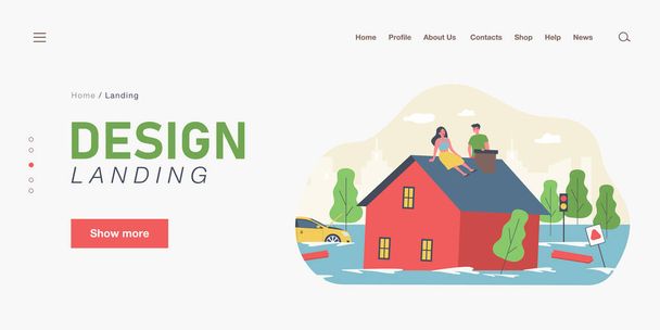 Flood victims sitting on roof of house. Flat vector illustration. Man and woman waiting for help while car, trees, road signs drowning in water. Emergency, natural disaster, flood, rescue concept - Vector, Image