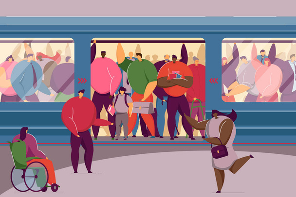 Behinderte Frau quetscht sich in überfüllten Zug Menschenmassen in U-Bahn-Flat Vector Illustration. Überbevölkerung, Berufsverkehr, ÖPNV-Konzept für Banner, Website-Design oder Landung der Webseite - Vektor, Bild