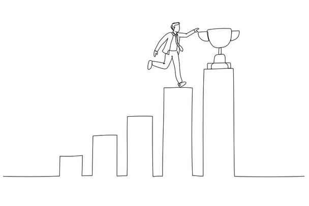 Cartoon of winning businessman step up growing bar graph to win the trophy success concept. Estilo de arte de linha única - Vetor, Imagem