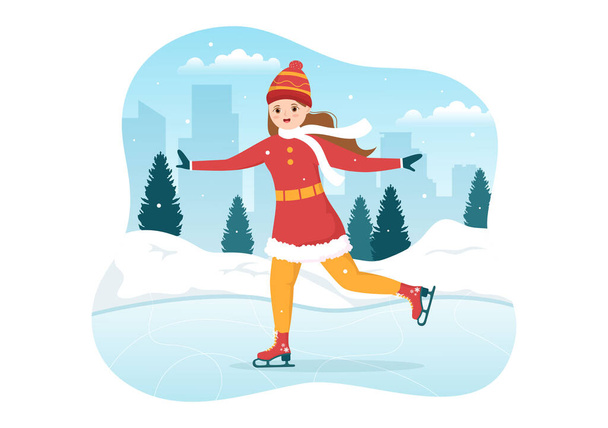 Gente patinando en pista de hielo usando ropa de invierno para actividades al aire libre o recreación deportiva en dibujos animados planos Plantillas dibujadas a mano Ilustración - Vector, imagen