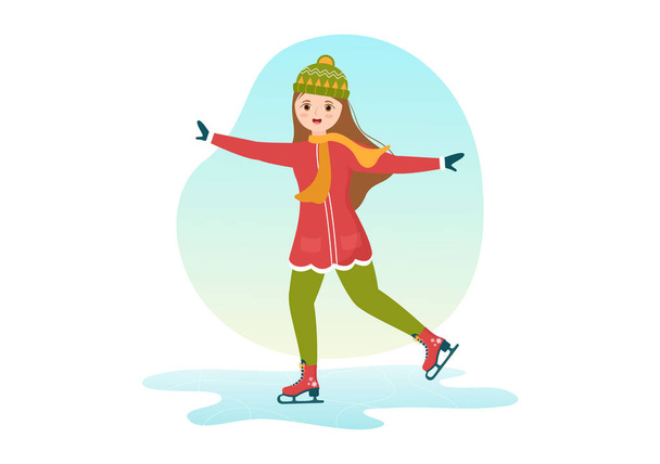 Gente patinando en pista de hielo usando ropa de invierno para actividades al aire libre o recreación deportiva en dibujos animados planos Plantillas dibujadas a mano Ilustración - Vector, imagen