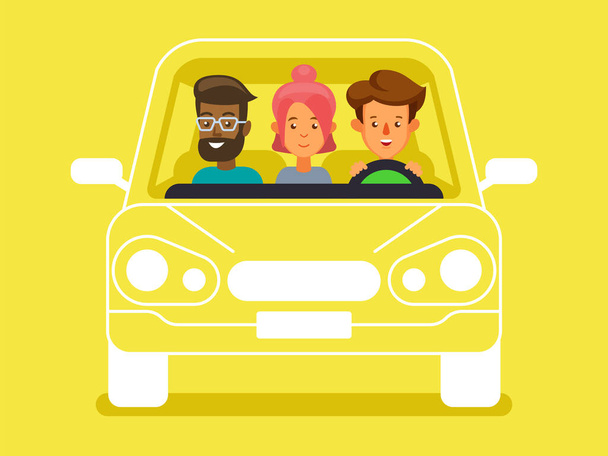 Прохладная плоская векторная иллюстрация на карпуле с персонажами водителя и пассажиров. Разнообразная группа людей делит автомобиль, вид спереди
  - Вектор,изображение