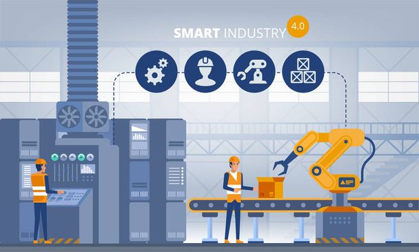 Industry 4.0 Smart factory concept. Workers, robot arms and assembly line. Technology vector illustration - Vector, Image