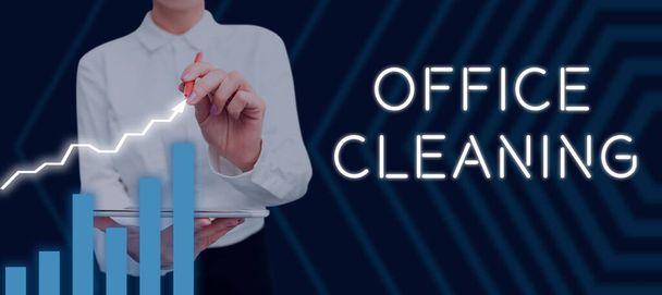 Ręczne pisanie znaku Sprzątanie biurowe, Pomysł na biznes działania lub proces czyszczenia wnętrza budynku biurowego - Zdjęcie, obraz