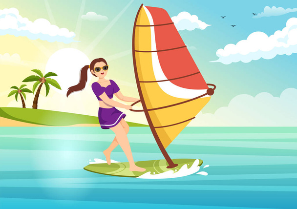 Windsurfen met de Persoon staande op de Zeilboot en het houden van de Sail in Extreme Water Sport Flat Cartoon Hand getrokken Templates Illustratie - Vector, afbeelding