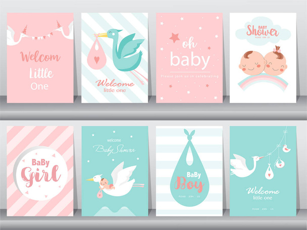 Baby shower inviti carte con neonati ragazzo e ragazza, disegno carino, poster, modello, cicogne, Illustrazioni vettoriali. - Vettoriali, immagini