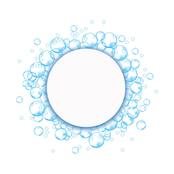 Effervescent soap bubbles frame. Blue foam suds isolated on white background. Realistic vector illustration - Vector, Image