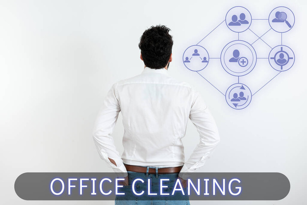 Fogalmi kijelző Irodatakarítás, üzleti bemutatja az irodaház belsejének tisztítására irányuló akciót vagy folyamatot - Fotó, kép
