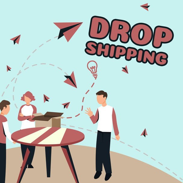 Концептуальний дисплей Drop Shipping, бізнес-концепція відправки товарів від виробника безпосередньо клієнту замість продавця
 - Фото, зображення