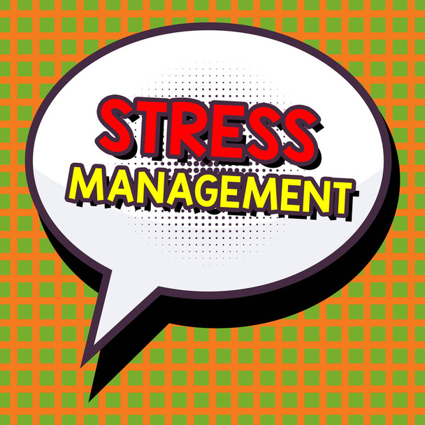 Leyenda conceptual Gestión del estrés, Enfoque empresarial formas de aprendizaje de comportarse y pensar que reducen el estrés - Foto, Imagen